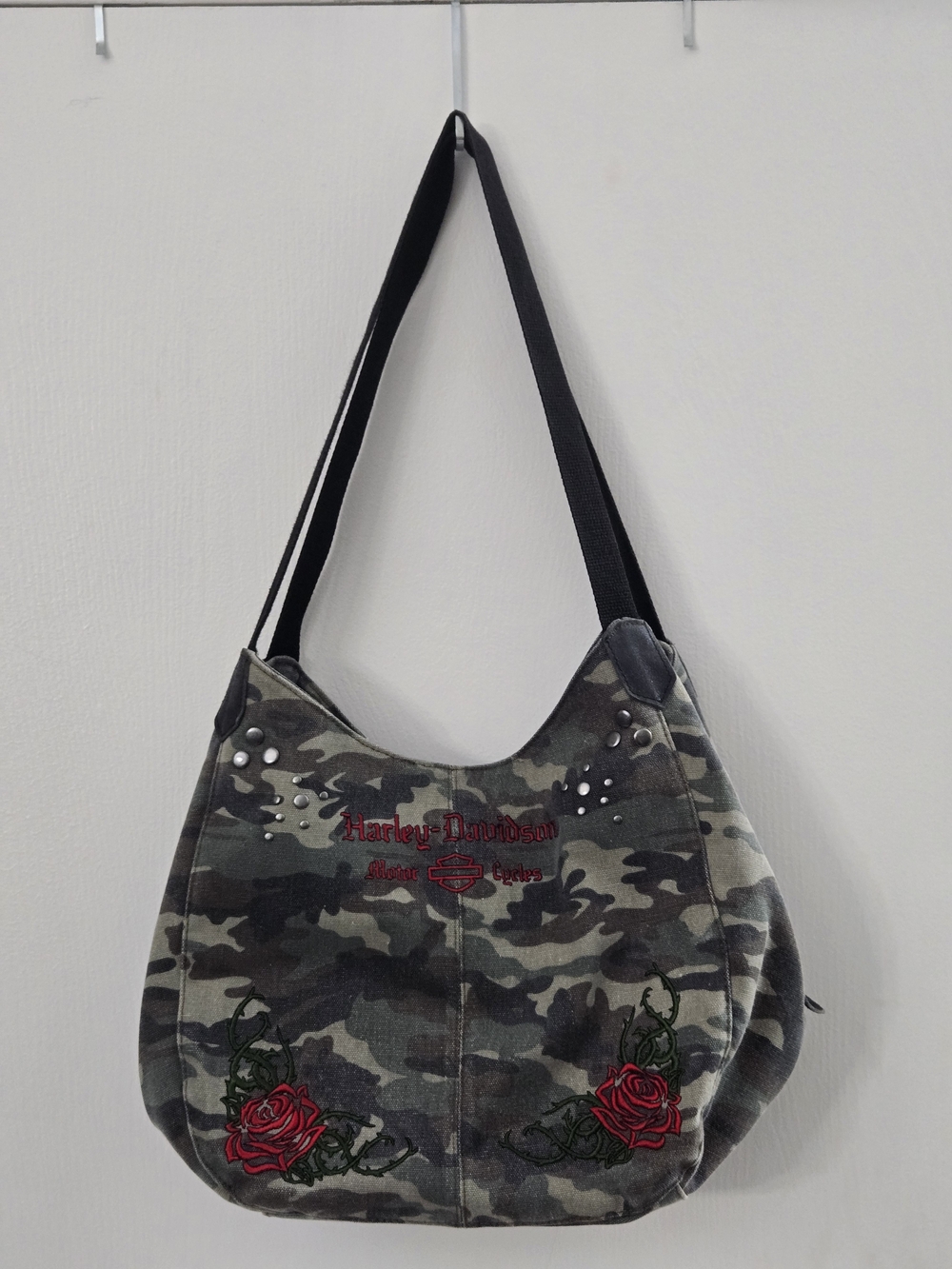 Harley Davidson Camo Hobo Purse Rose Embroidered Studded Canvas Shoulder Bag